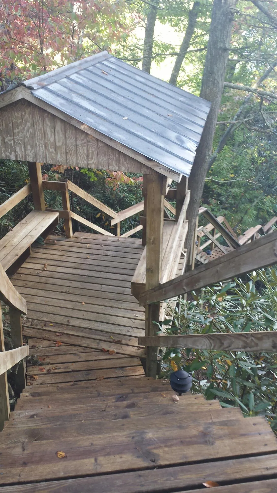 Metal roofed shelter over wooden steps on a wooded walkway — Skylight Repair & Installation work by our crew in Slade